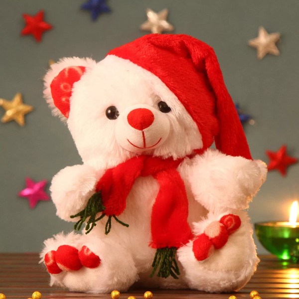 White 13 Inch Christmas Teddy Bear with cap and muffler